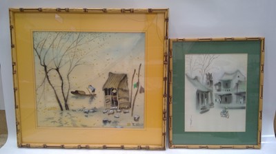 Lot 235 - Two oriental watercolours on silk in faux...