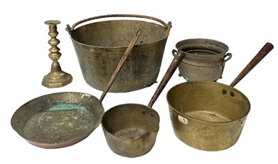Lot 157 - Various brass items including a jam pan.