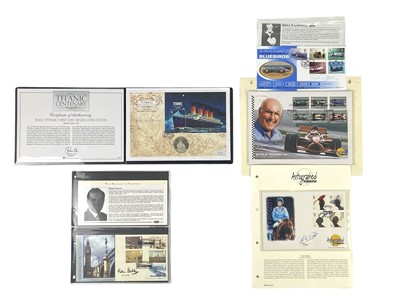 Lot 187 - Signed Celebrity Proof Silver Crown Size Coin & Stamp Covers: Lester Piggott, Murray Walker etc (x5)
