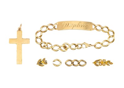 Lot 60 - A broken 9ct ID bracelet, a 9ct cross pendant and a scrap gold seed pearl set brooch ornament.