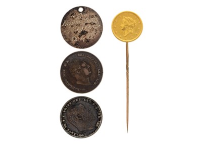 Lot 67 - An American 1 dollar gold coin tie pin and a 1904 Maundy money case with three silver coins.