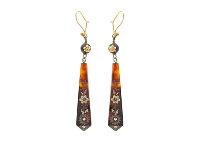 Lot 81 - A pair of Victorian pique tortoiseshell drop earrings of obelisk form.