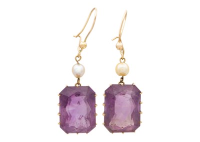 Lot 88 - A pair of gold-mounted rectangular cut amethyst and pearl set pendant earrings.