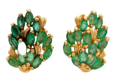 Lot 90 - A pair of emerald set high-purity gold (test 14ct) spray cluster earrings.