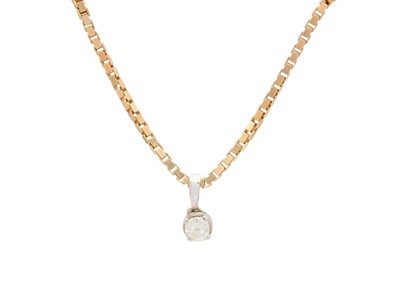 Lot 91 - An 18ct white gold diamond solitaire pendant on a 9ct box link chain.