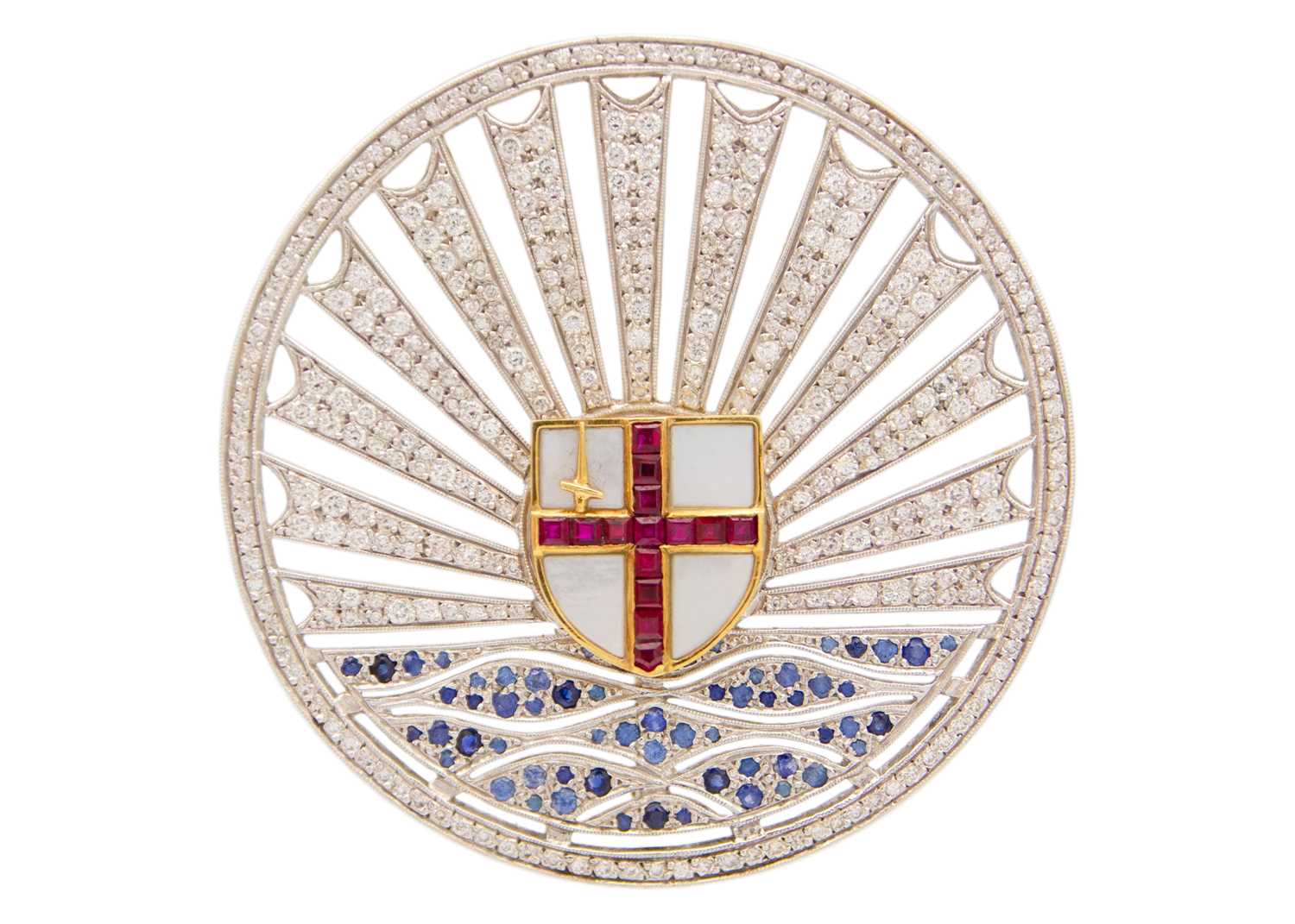 Lot 75 - A unique 18ct diamond, sapphire and ruby set City of London brooch.