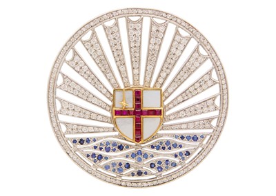 Lot 75 - A unique 18ct diamond, sapphire and ruby set City of London brooch.