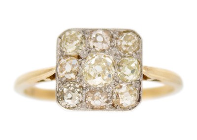 Lot 59 - An Art Deco 18ct yellow and white gold old mine cut set panel ring.