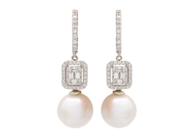 Lot 214 - An attractive pair of grey cultured and pearl and diamond set 18ct white gold pendant earrings.