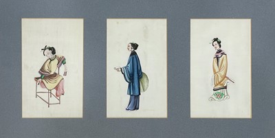 Lot 132 - A framed set of three Chinese portrait pith paper paintings, early 20th century.