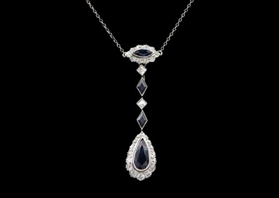 Lot 215 - An attractive Art Deco rose and white gold, diamond and sapphire millegrain set pendant necklace.