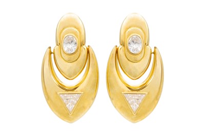 Lot 199 - A pair of 18ct Italian gold crystal set hinged earrings.
