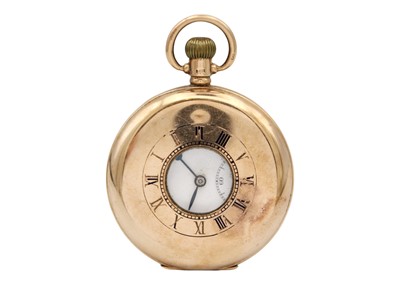 Lot 32 - A 9ct rose gold half-hunter pocket watch.