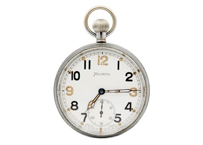 Lot 1138 - HELVETIA - A WWII British Military Army issue nickel cased lever pocket watch.