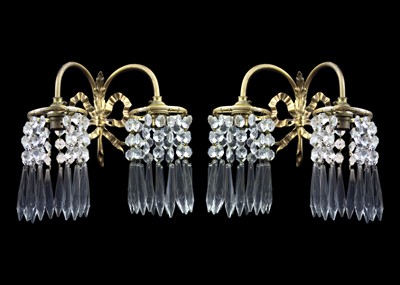Lot 571 - A pair of French brass twin branch electrolier wall appliques.