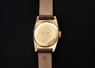 Lot 44 - MOVADO FOR TIFFANY & CO. - A 14ct cased mid-sized gentleman's manual wind wristwatch.