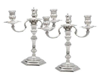 Lot 169 - A good pair of modern silver three-branch candelabra by Richard Comyns.