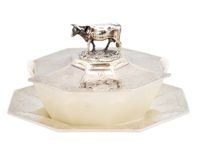 Lot 146 - A Victorian silver and porcelain butter dish with cow finial by Edward and John Barnard.
