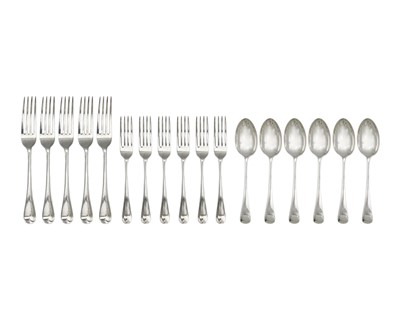 Lot 17 - A George V silver set of six OE dessert spoons, six dessert forks and five table forks.