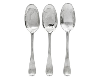 Lot 19 - A George I silver set of three Old English Pattern table spoons by Jane Lambe.