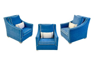 Lot 416 - Superyacht furnishings, three contemporary blue velour armchairs.