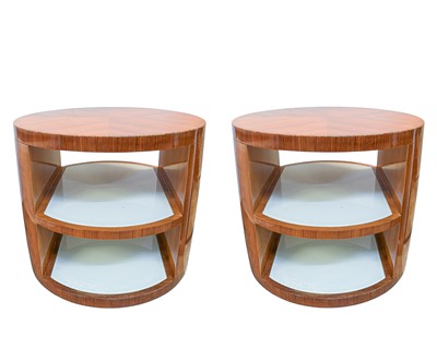 Lot 411 - Superyacht furnishings. Two circular geometric veneer side tables.
