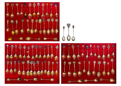 Lot 205 - A large collection of British silver and enamel souvenir teaspoons.