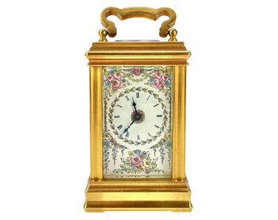 Lot 380 - A brass and enamel small carriage timepiece by Deacon, Swindon.