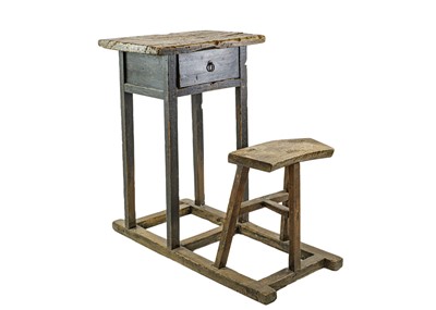 Lot 511 - An oak, elm, and pine child's school-type desk and stool.