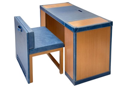 Lot 402 - Superyacht furnishings, a blue leather space-saving desk with a matching upholstered chair.