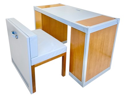 Lot 401 - Superyacht furnishings, a baby blue leather space-saving desk with a matching upholstered chair.