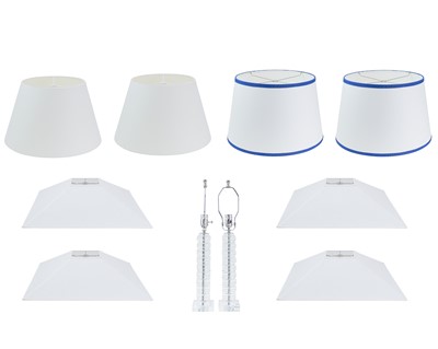 Lot 321 - Superyacht furnishings. Eight white lampshades with two perspex lamp bases.