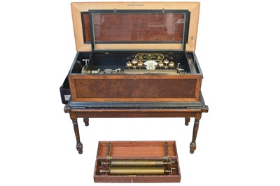 Lot 50 - A Nicole Freres figured walnut and banded cylinder music box on a stand.