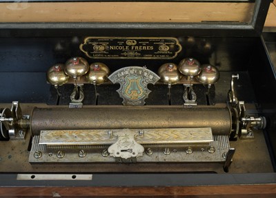 Lot 50 - A Nicole Freres figured walnut and banded cylinder music box on a stand.