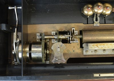 Lot 50 - A Nicole Freres figured walnut and banded cylinder music box on a stand.