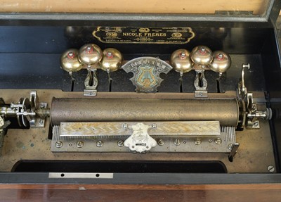 Lot 50 - A Nicole Freres figured walnut and banded cylinder music box on a stand.