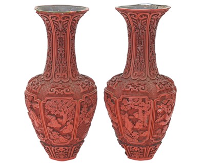 Lot 723 - A pair of Chinese cinnabar lacquer vases.