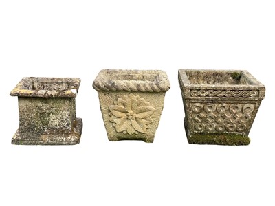 Lot 336 - Three assorted square reconstituted stone planters.