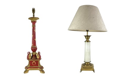 Lot 325 - A carved wooden gilt and red painted table lamp.