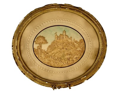 Lot 20 - A pair of intricately carved cork diorama pictures of Windsor and Edinburgh castles.