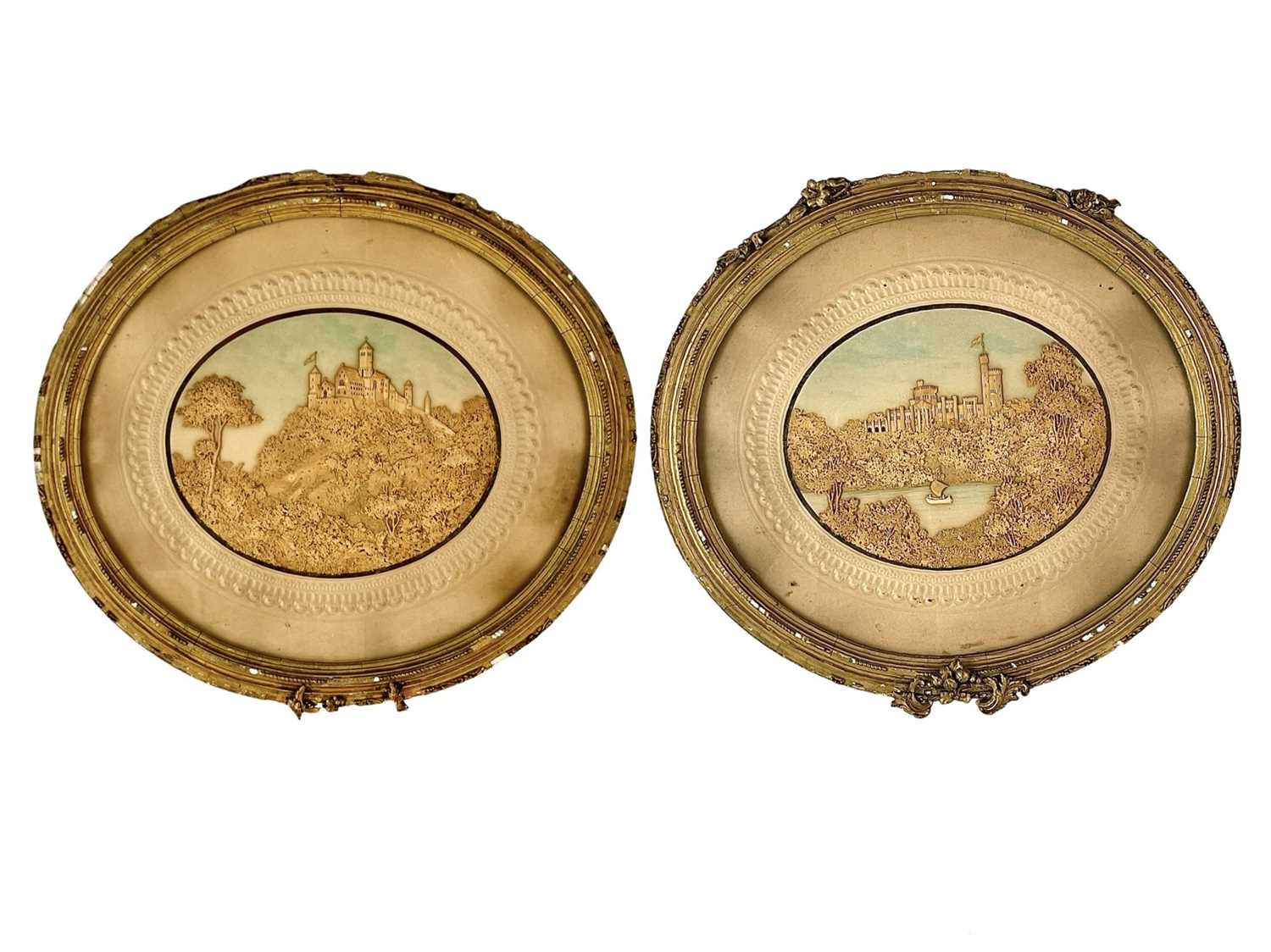 Lot 20 - A pair of intricately carved cork diorama pictures of Windsor and Edinburgh castles.