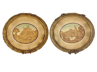 Lot 20 - A pair of intricately carved cork diorama pictures of Windsor and Edinburgh castles.