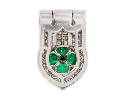 Lot 8 - CARTIER - A fine diamond and emerald Tutti Frutti clip brooch set in platinum.
