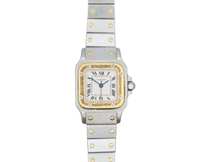 Lot 1051 - CARTIER - A Santos Carree stainless steel and gold lady's automatic bracelet wristwatch.