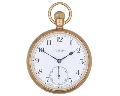 Lot 1121 - J. W. BENSON - A 9ct rose gold open-face keyless wind pocket watch.