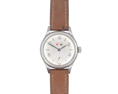 Lot 641 - LONGINES - A WWII era (possibly French Resistance) stainless steel gentleman's wristwatch.