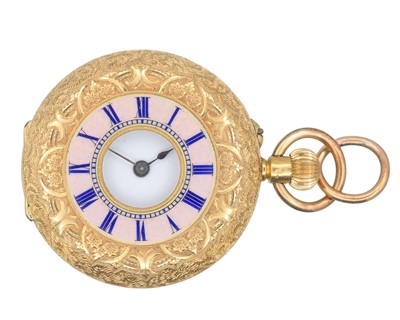 Lot 1117 - An 18k enamel keyless wind half-hunter lady's fob watch.