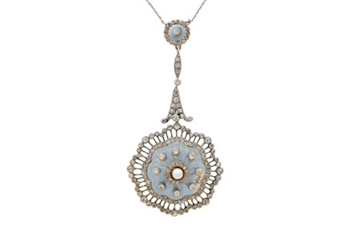 Lot 34 - A Belle Epoque style guilloche enameled silver pendant necklace.