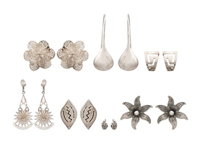Lot 3 - A selection of seven silver pairs of earrings.