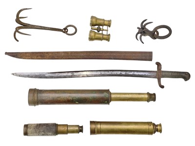 Lot 207 - An 18th century naval grappling hook, another, three telescopes, etc.
